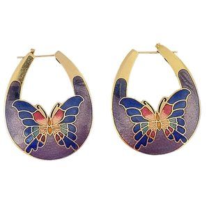 Vintage Cloisonne Enamel Pierce Earrings Boho Butterfly Goldtone Hoop Latch Back